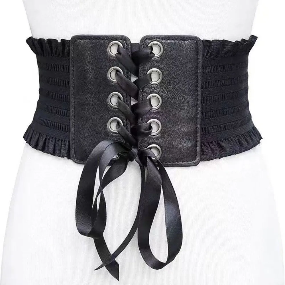 Adjustable Elastic Pleated Cummerbunds Strap Rope PU Wide Corset Waistband Polyester Soft Elastic High Wide Belt Ornament