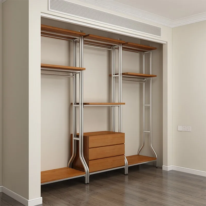 

Open Wardrobe for Nordic Style Iron Clothing Rack Floor Standing Loft Metal Closet Organizer with Solid Wood Elements