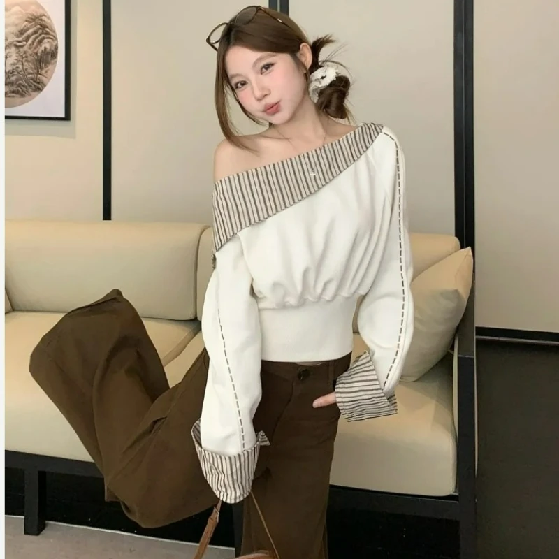 

Stylish Color-blocking Striped Off-the-shoulder Elegant Long-sleeved Hoodie for Women Autumn Versatile Top for Slimming Shaping