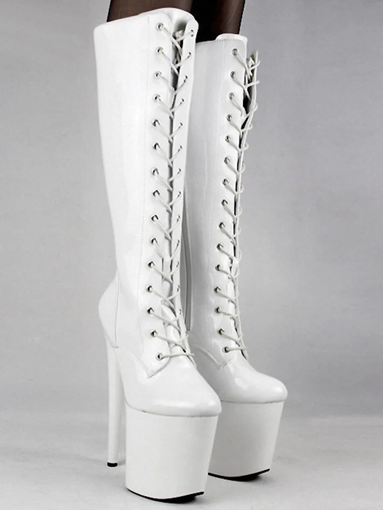 20cm Boots High Heels Pole Dance Stripper Gothic Shoes Platform Lace Up Fetish Thigh Strappy Fashion Punk White 8 inches sexy