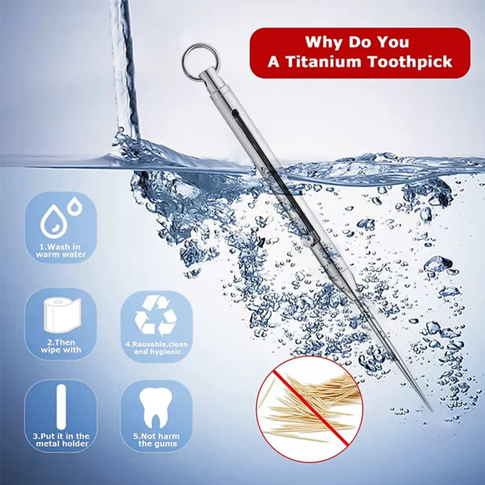 Palillos de dientes de titanio portátiles, llavero de palillos de bolsillo plateado con soporte de palillo de dientes de Metal para pícnic al aire libre, accesorios para acampar
