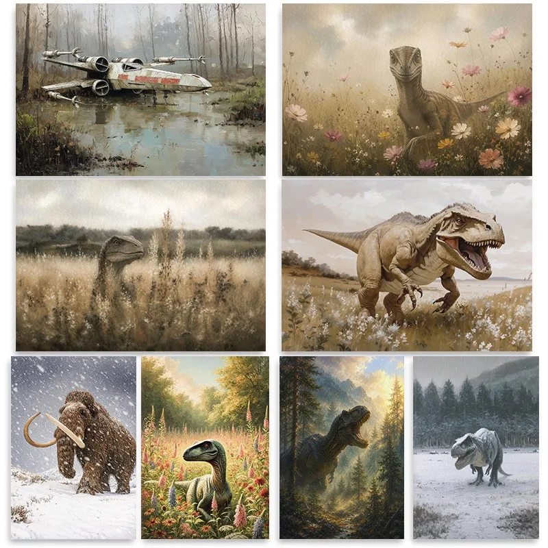 Dinosaur Field Oil Painting Velociraptor Poster Prehistoric Animal Art Millennium Spaceship Sci-fi Print Kids Room Home Decor