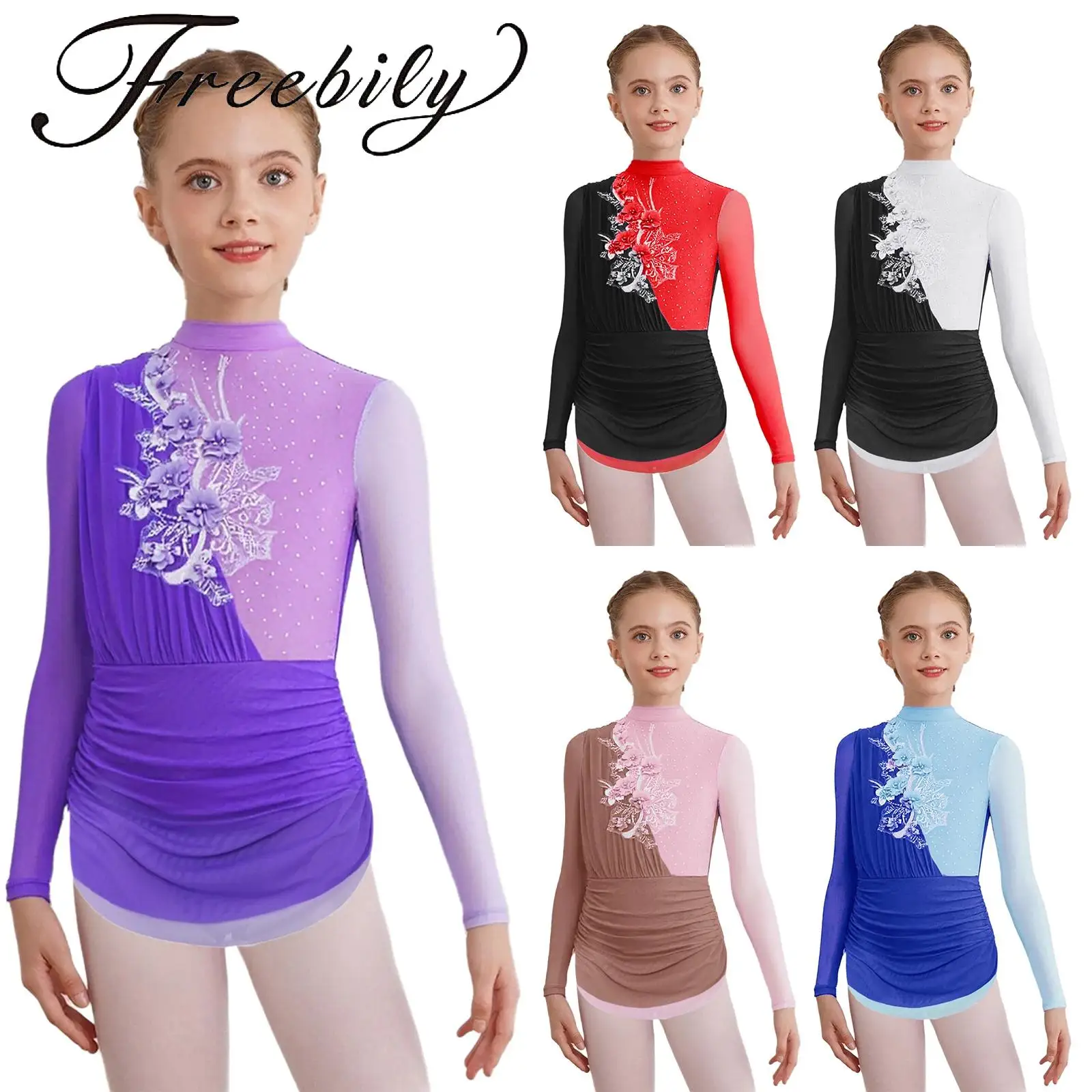 

Kids Girls Figure Skating Lyrical Dress Mock Neck Sheer Mesh Long Sleeves Delicate Shiny Rhinestones Color Block Ruched Dress
