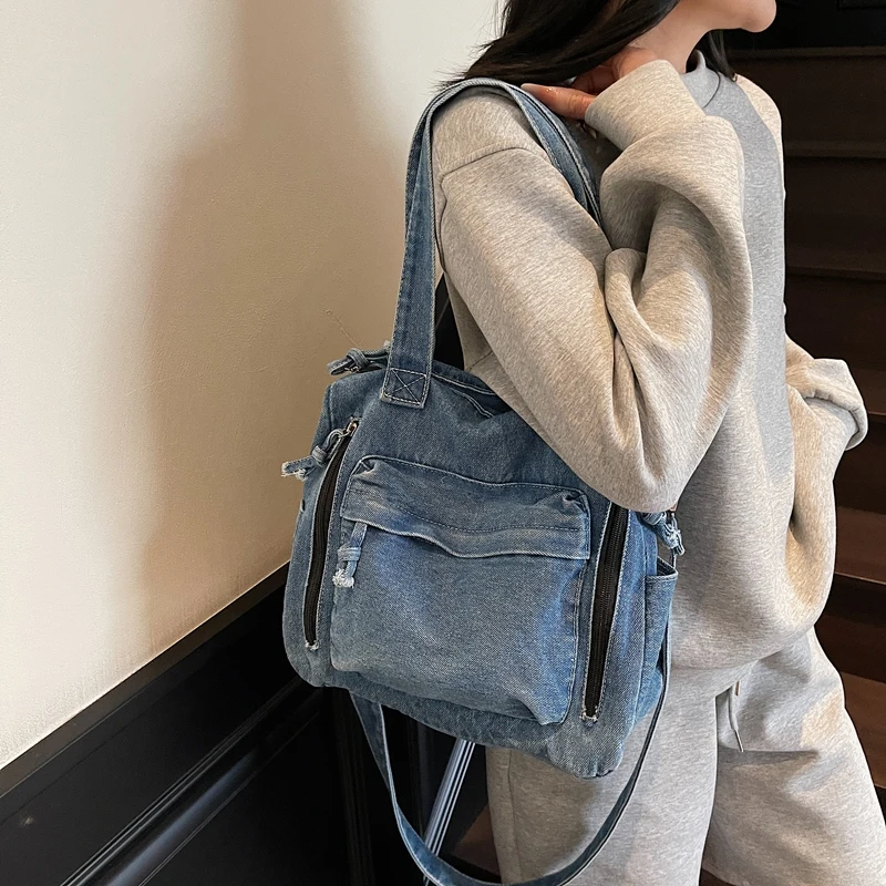 

Denim Tote Bag 2025 New Sle Versatile Commuting Simple Class Supplement Book Large Capaci Women's Bag for Youth Daily Use