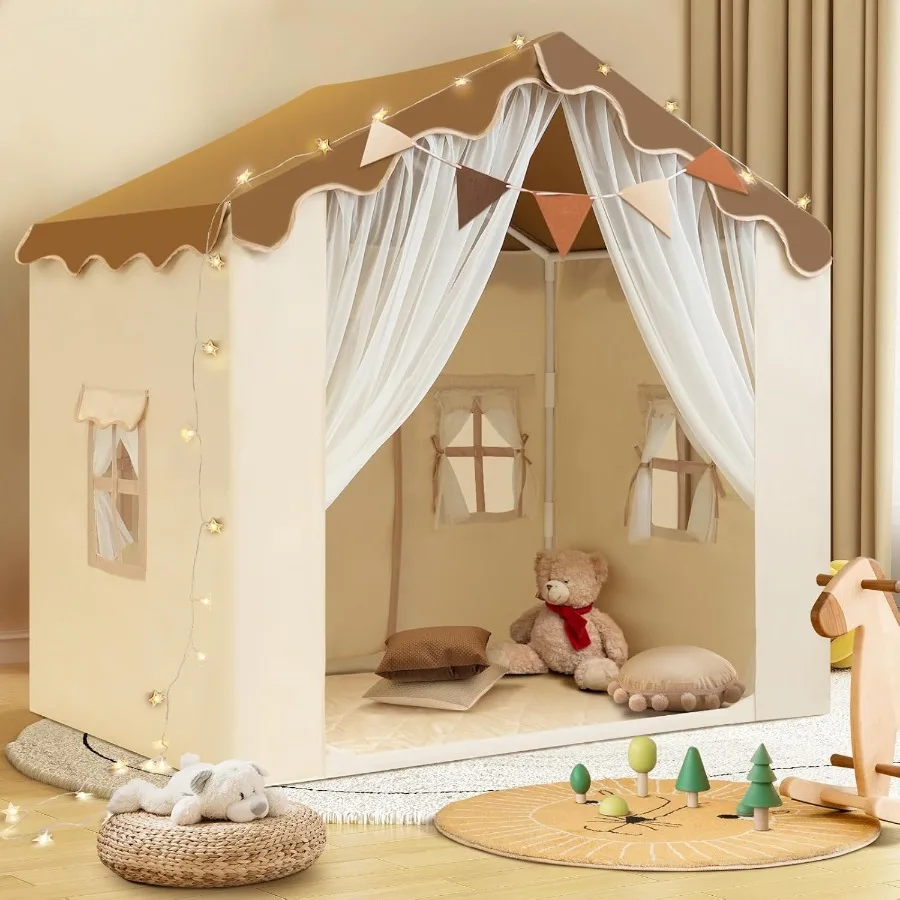 Tent met gewatteerde mat Speelhuistent 2-in-1 speeltent Grote ruimte binnen met 2 deuren en 4 ramen voor meisjes Jongens met sterren Li