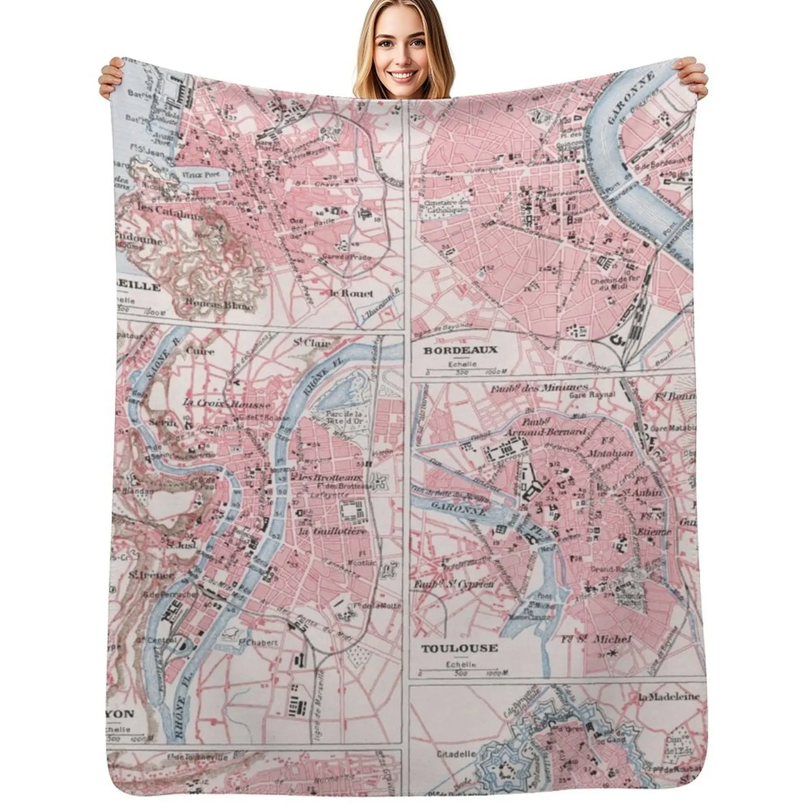 Vintage French Cities Map Chart (1900) Throw Blanket Portable Lightweight Blanket for Travel Camping