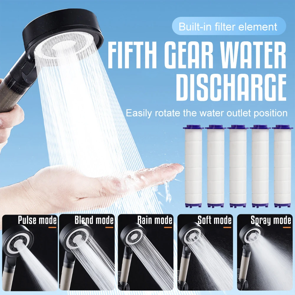 

5 Modes Adjustable Shower Head with Filter Black High Pressure Shower Head Set Large Flow Rainfall Spray Bathroom Accessories