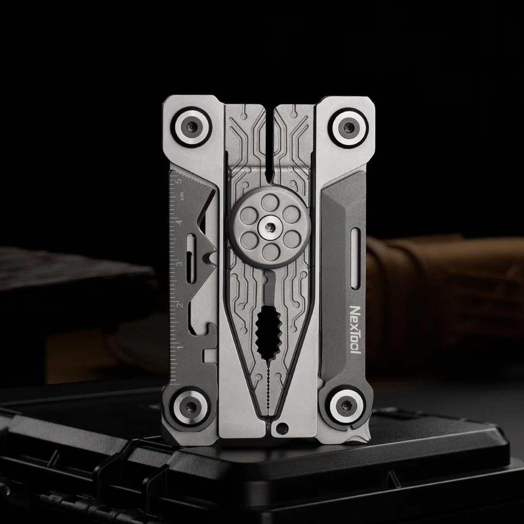 Nextool 14-in-1 EDC-gereedschap met zilveren mes, draagbare multifunctionele tang, multitool, schroevendraaier, moersleutel, tang, mes met leren tas