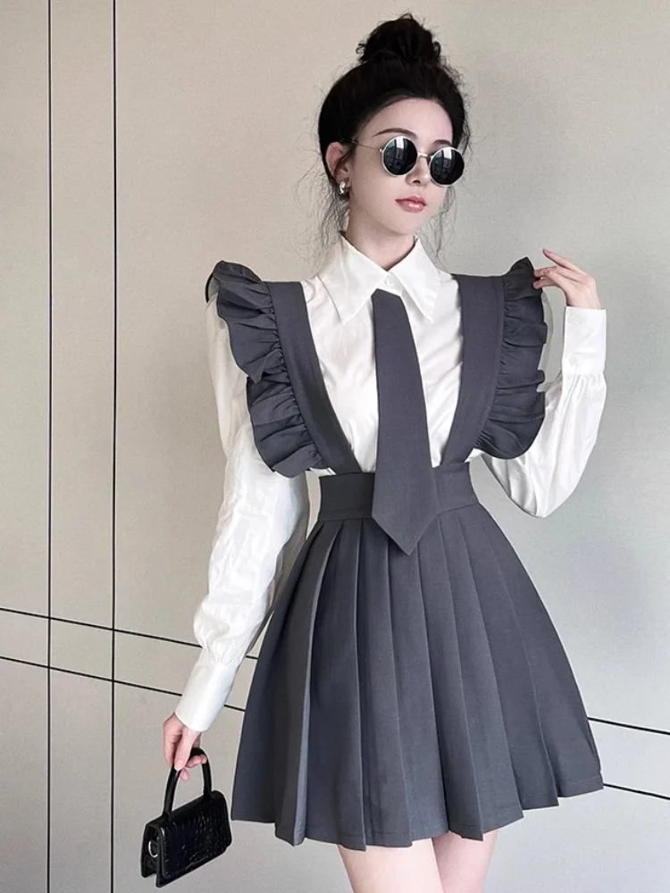 

French Retro Dress Suit 2024 Autumn New Tie Puff Sleeve White Shirt Sling Ear Stitching Pleated Skirt 2-Piece Set Dresses Women