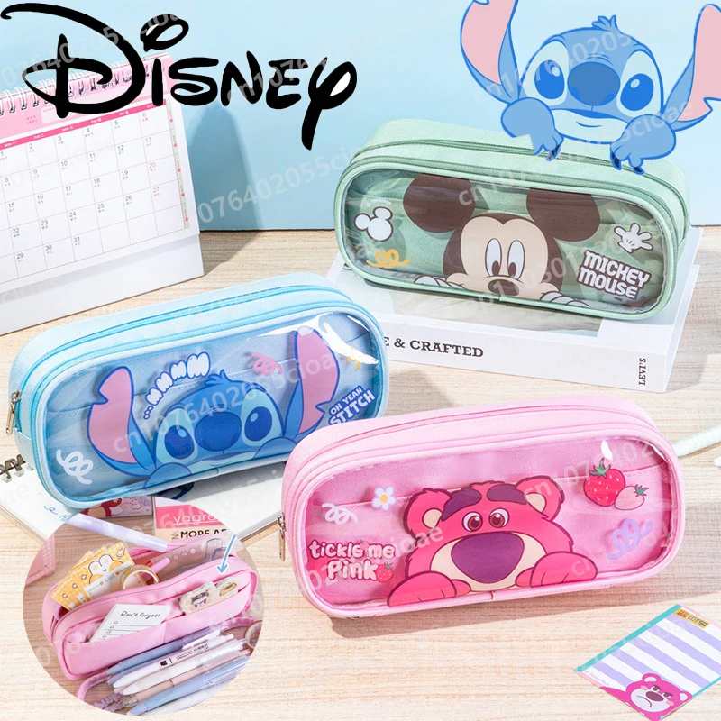 

Cartoon Anime Stitch Mickey Transparent Pen Bag Multi-functional Large Capacity Double-layer Pencil Case Student School Supplies