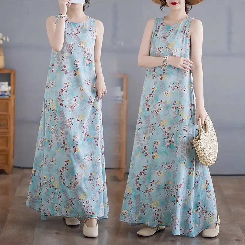 2025 ชุดเดรสแขนกุดโบฮีเมียนฤดูใบไม้ผลิฤดูร้อนของผู้หญิง - ชุดเดรสแม็กซี่เดรสคอกลมพิมพ์ลายลําลอง Flowy Beachwear G319