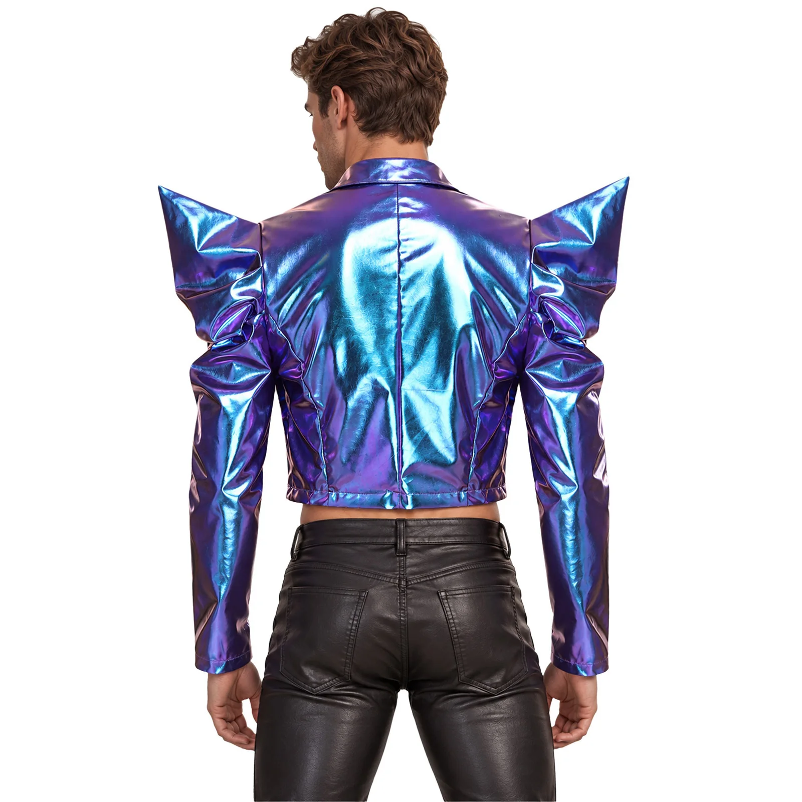Mens Shiny Metallic Cropped Jacket Tops Iridescent Hologram Spike Shoulder Lapel Blazer Outerwear Rave Halloween Hip Hop Costume