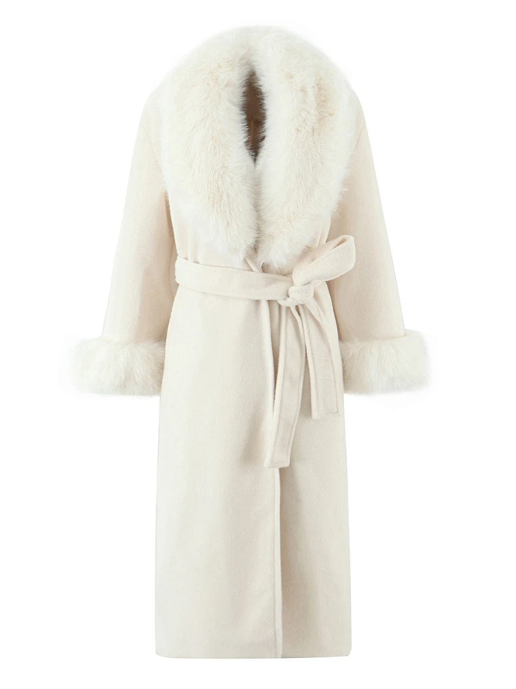

Women's new casual long-sleeved temperament big fur collar with belt long woolen coat women's coat