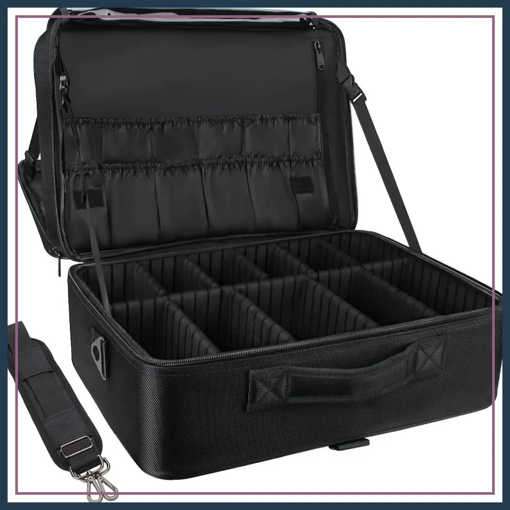 

Extra Large Makeup Train Case, Professional Artist Bag with Adjustable Dividers, Attach to Trolley, Shoulder Strap, Black