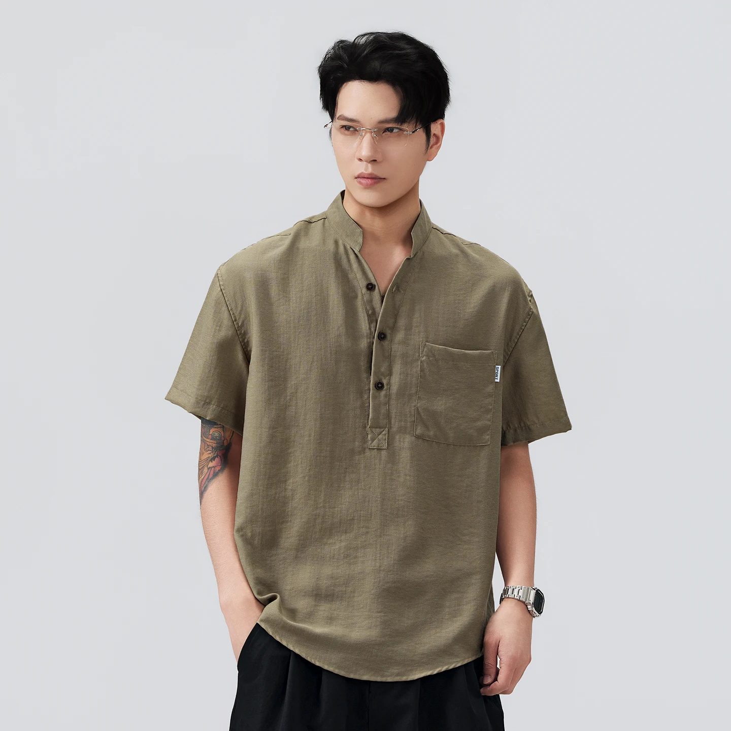 2026 Summer New Style Men's V-neck Fashion Linen POLO Shirt Top - Simple and Casual with Plain Texture and Slim Fit Loose Short