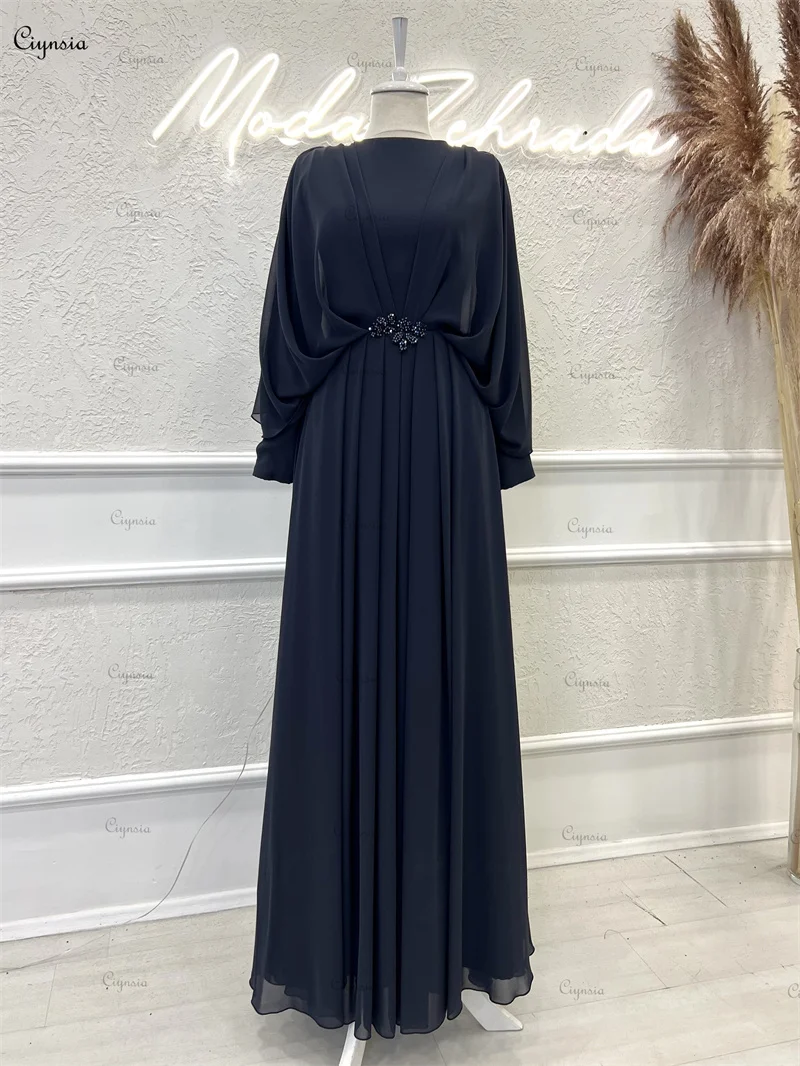 Ciynsia muslimisches formelles Abendkleid 2024 Chiffon U-Ausschnitt lange Ärmel dunkelgrün a-Linie Abschluss ball Party kleider Robe de Soirée Femme