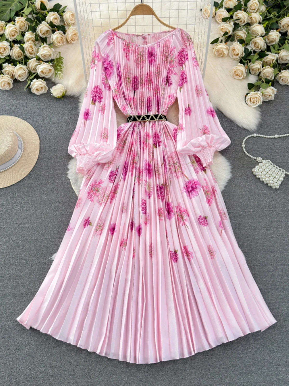 Minceur a-ligne lanterne Sve rond Ne robe jupe longue taille pliée conception imprimé fleuri femmes automne Dr Faionable