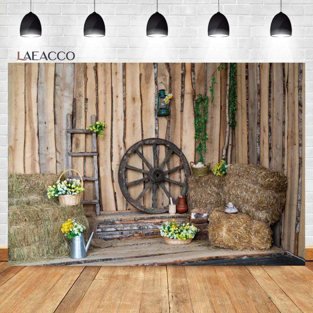 Laeacco Vintage Rural Barn Backdrop Haystack Rustic Farm Bike West Style Cowboy Adult Birthday Portrait Photography Background