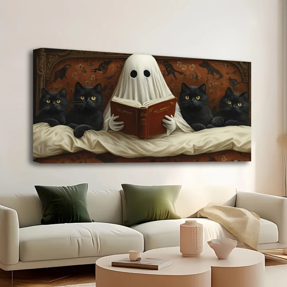 إطار من خشب الصنوبر الصلب بسمك 1.5 بوصة، لوحة قماشية، قراءة شبح في السرير، ديكور جدار الهالوين المخيف #3