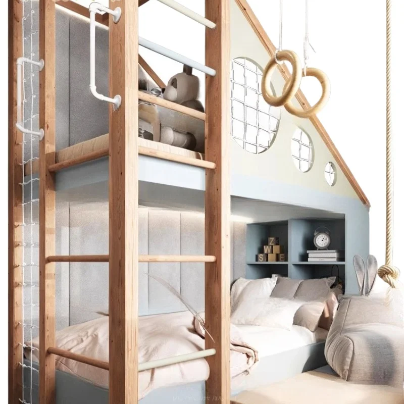 مسرح غرفة الأطفال، طابقين علوي، سقف منحدر، خشب متين، عالي ومنخفض، مع تسلق