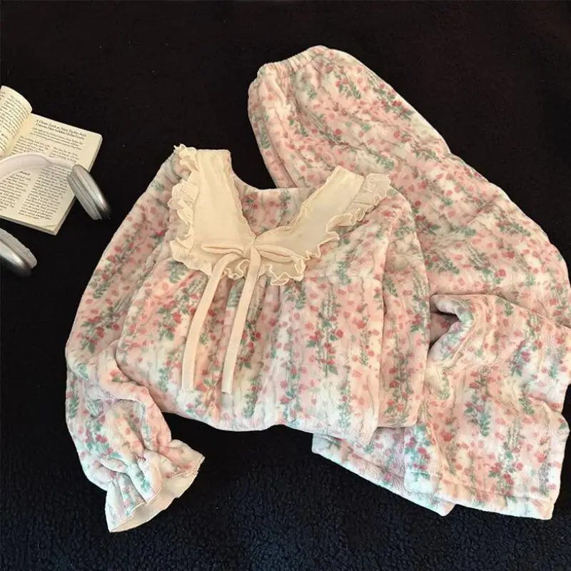 

Girl Coral Fleece Leisure Wear Autumn and Winter Pajamas Flannel Lady Thicken Keep Warm Plus Size Loungewear Set Dopamine Hot