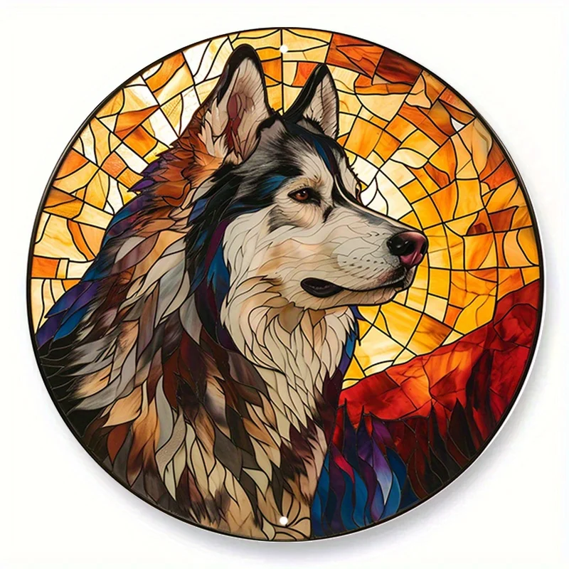 1pc (20x20 Cm, 8x8 Inches) Aluminum Metal Sign, Faux Stained Glass Circular Wreath Sign, Alaskan Malamute Theme Design, Kennel