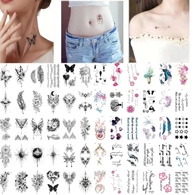 60pcs/lot Temporary Women Tattoo Adhesive Color Unicorn Flower Black Butterfly Wings Rose Dreamcatcher Aesthetic Fake Tattoo