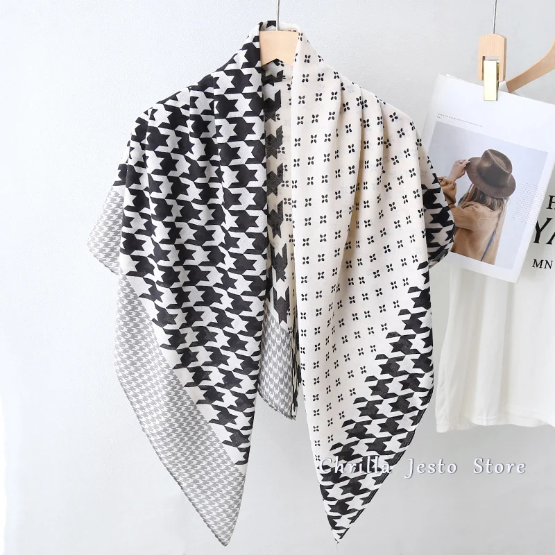 Women Autumn Winter Fashion Soft Multi Funciton Houndstooth Printed Wrap Cotton Feeling 110x110cm Square Hijab Scarf