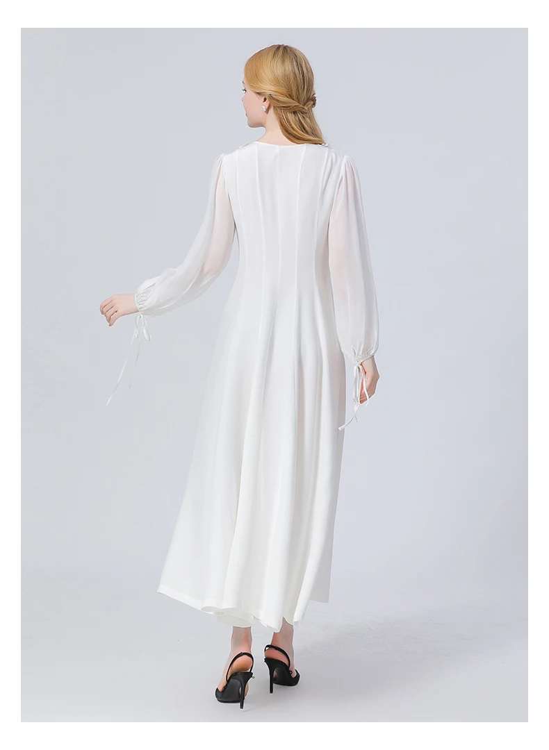 Silk 30m/m Milk White V-neck Bohemian Maxi Dresses for Women Ruffled Splicing Lace Lantern Long Sleeve Party Dress AE1007