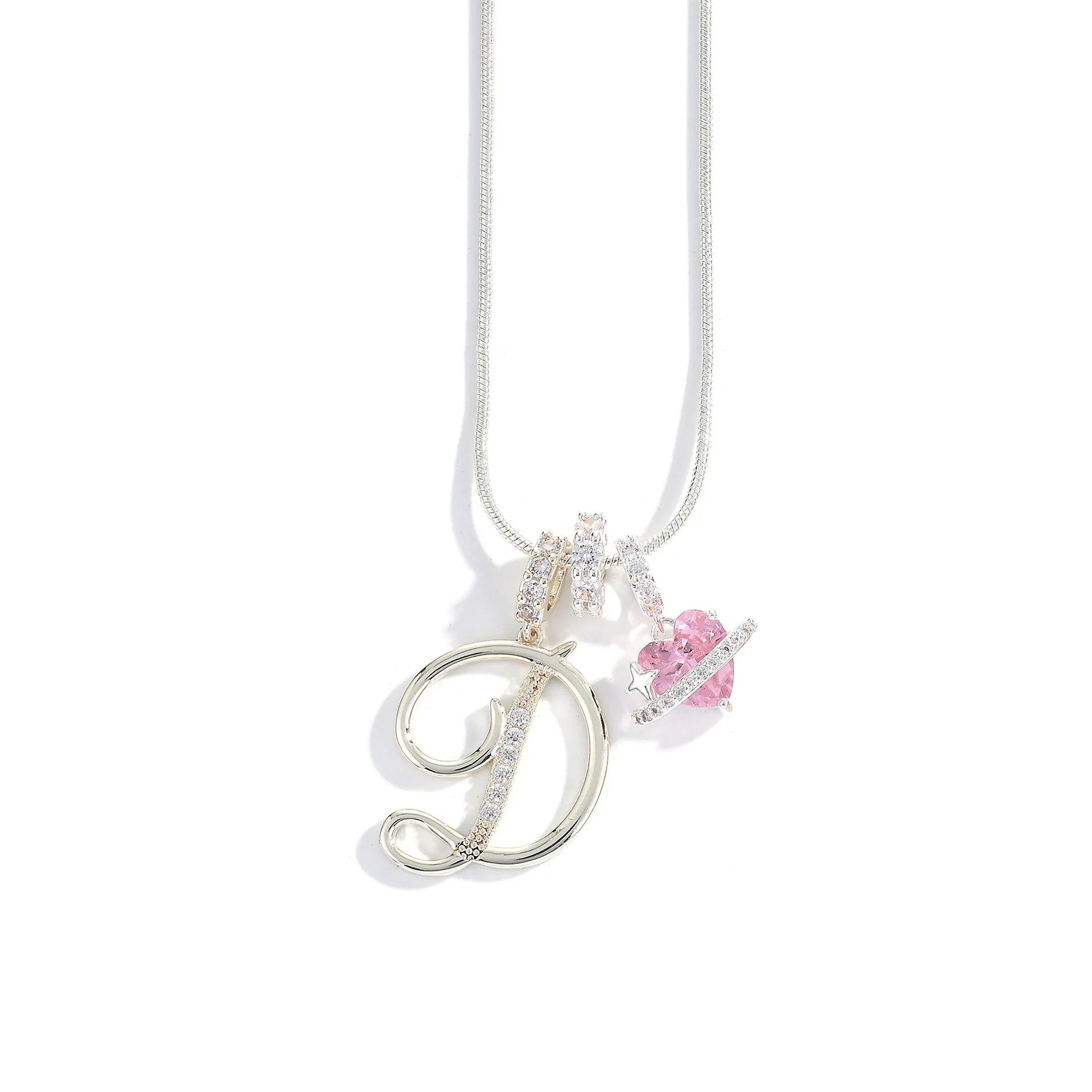Women's A-Z Initial Letter Pendant Necklace Snake Chain Initial Alphabet CZ Pink Heart Necklace Adjustable Size Hypoallergenic