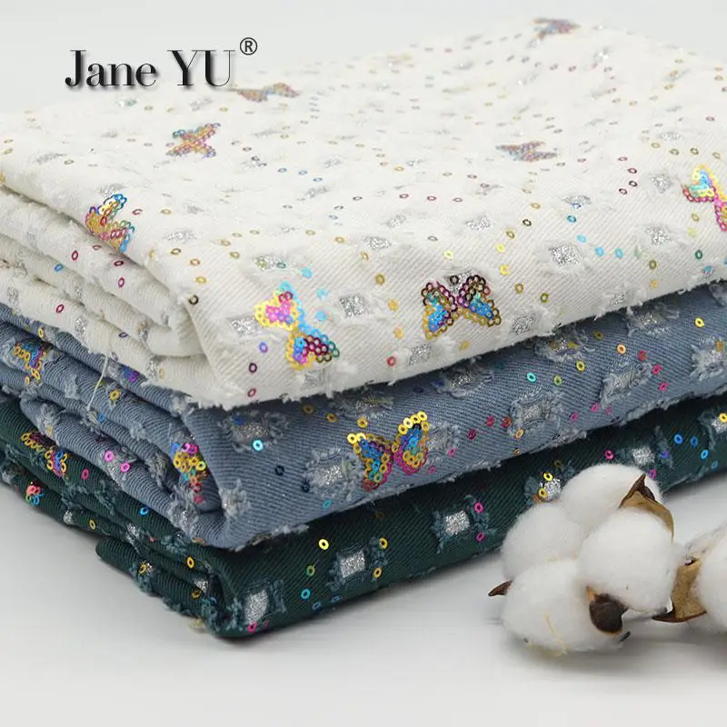 

Colorful Butterfly Embroidery Washed Denim Fabric Garment Fabric High Grade Handmade Diy Clothes Bags Thick Fabric