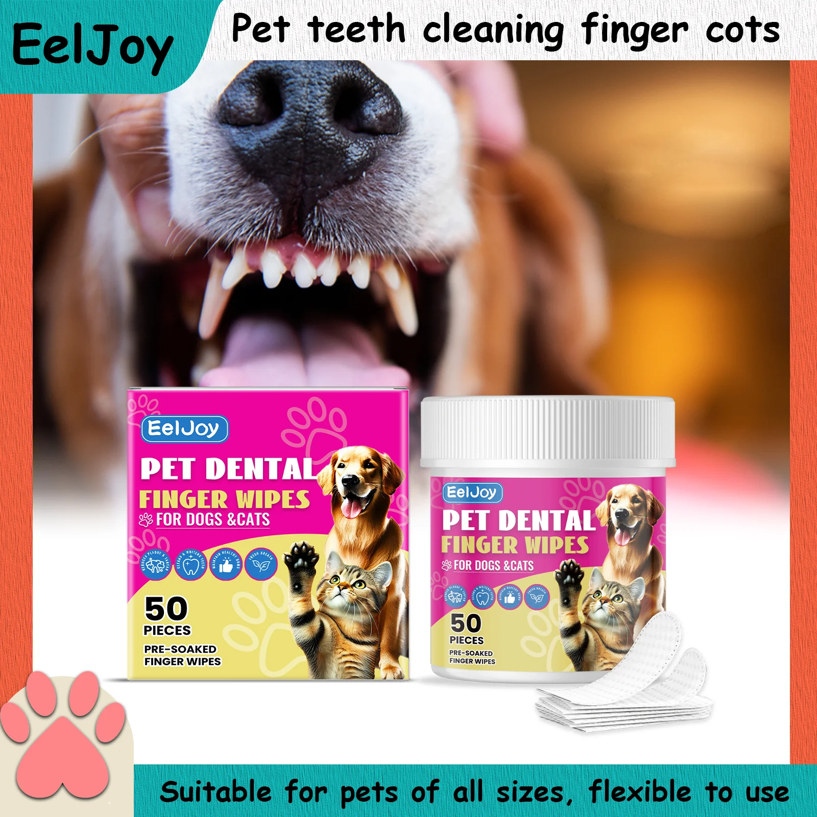 

EELJOY Pet Dental Finger Wipes Clean Pet Teeth and Keep Oral Health Suitable for Pets of All Sizes Easy to Use, One-Step