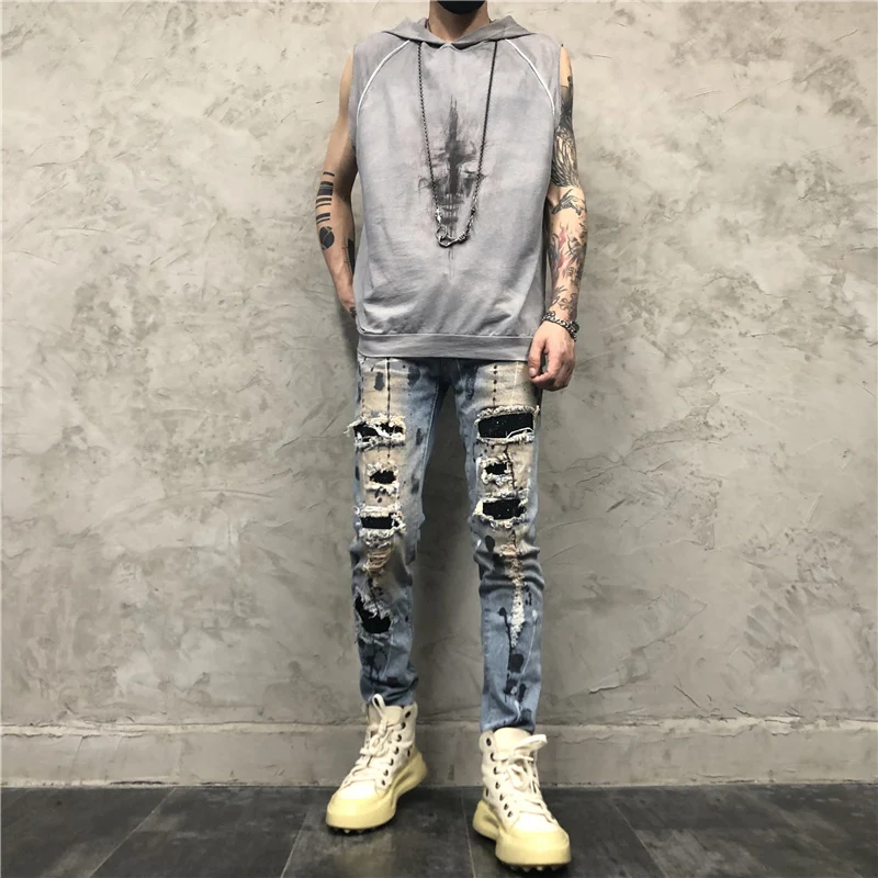 

European American High Street Trend Water Diamond Patch Broken Denim Pants Trousers Slim Fit Elastic Men's Washed
