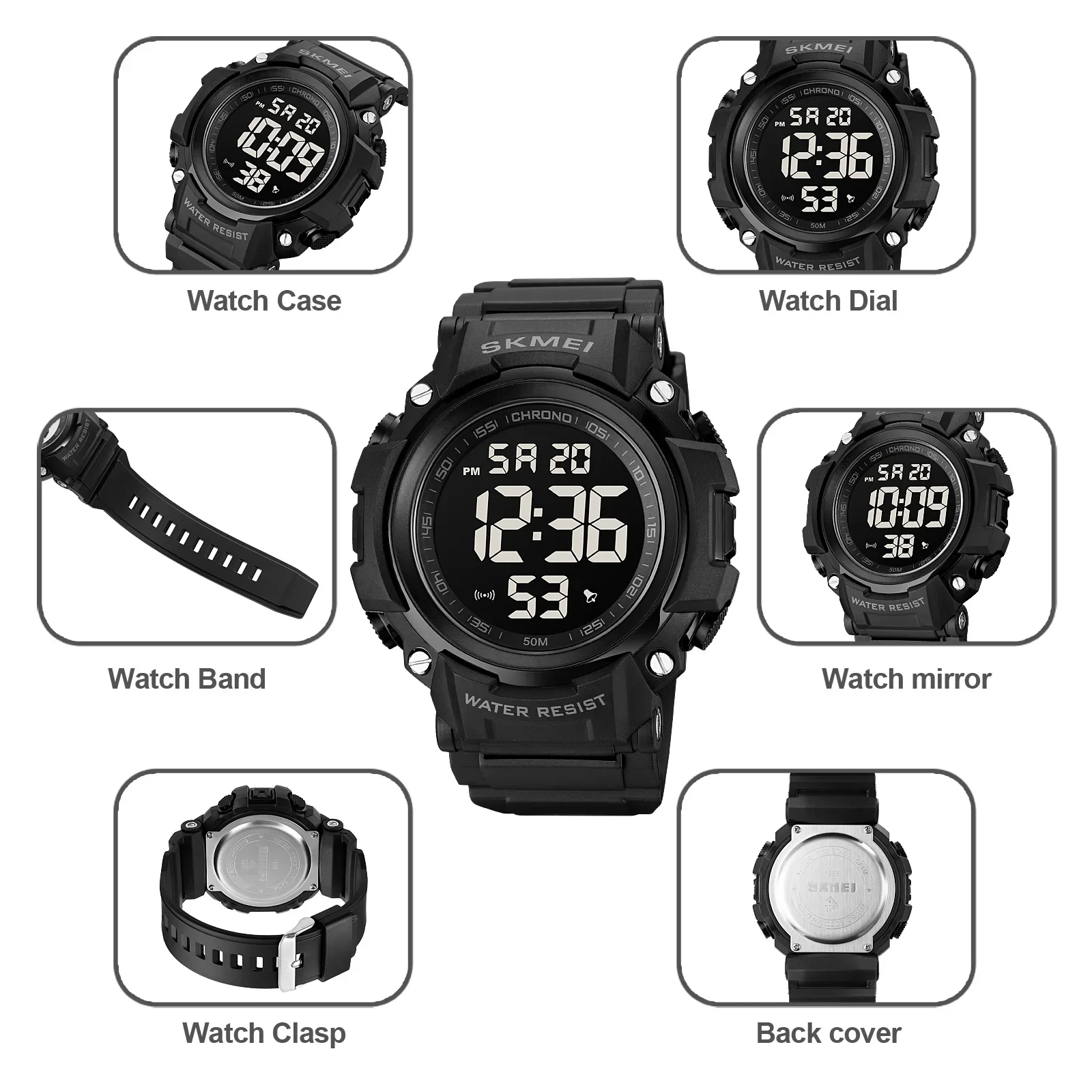 SKMEI-reloj de pulsera Digital para hombre, cronómetro deportivo multifunción con luz trasera de 50M, resistente al agua, con alarma, 1886