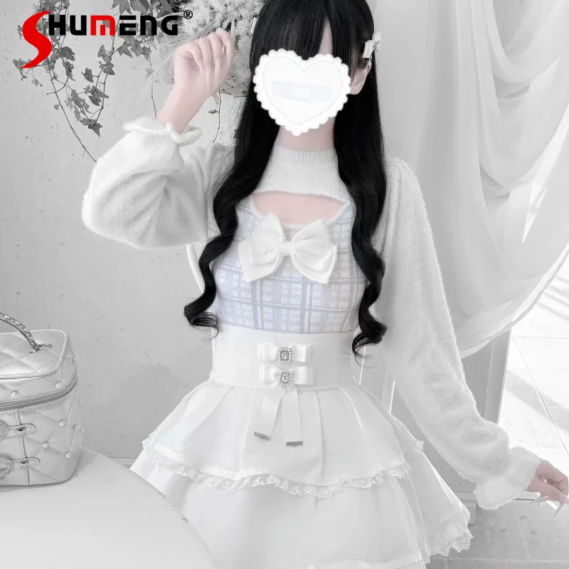 

Japanese Lolita Style Lace Sweater Sweet Cute Soft Comfortable Coat Slim Fit Bowknot Plaid Open Chest Mink Velvet Knitwear Coats