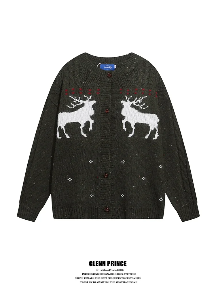 

Мужской вязаный кардиган GPstudio в американском ретро-стиле из смесовой шерсти с узором «Олень» и «Фейр-айл», теплый, свободного кроя, для зимы...