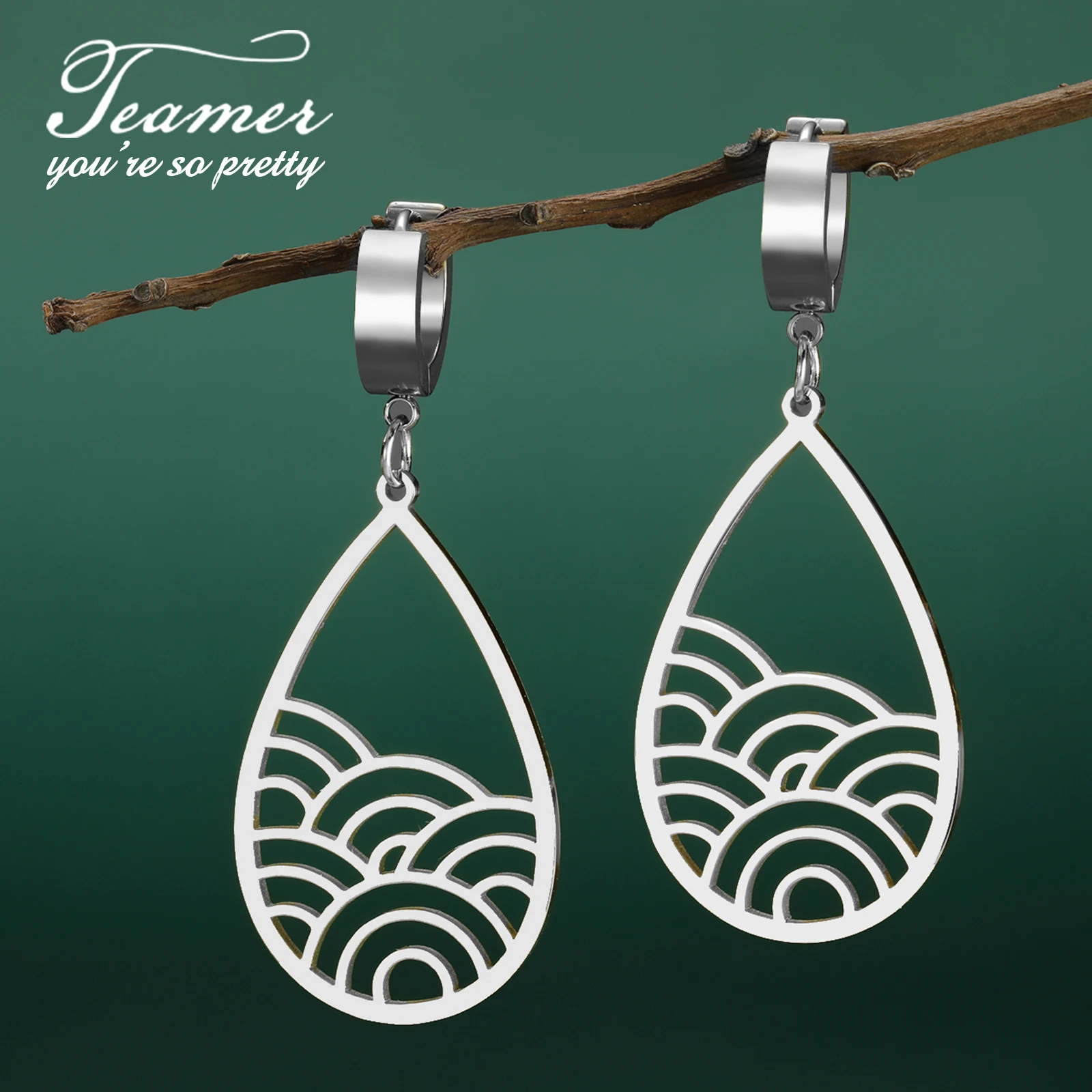 Teamer Sea Wave Water Drop Pendant Hoop Earrings Stainless Steel Filigree Minimalist Geometric Jewelry Women Wedding Party Gifts