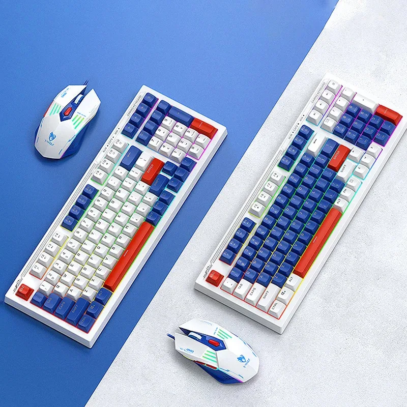 

98 key Keyboard Mouse Set TF610 Mixed Color Game Light up Silent Mechanical Touch Tyle-C Wired
