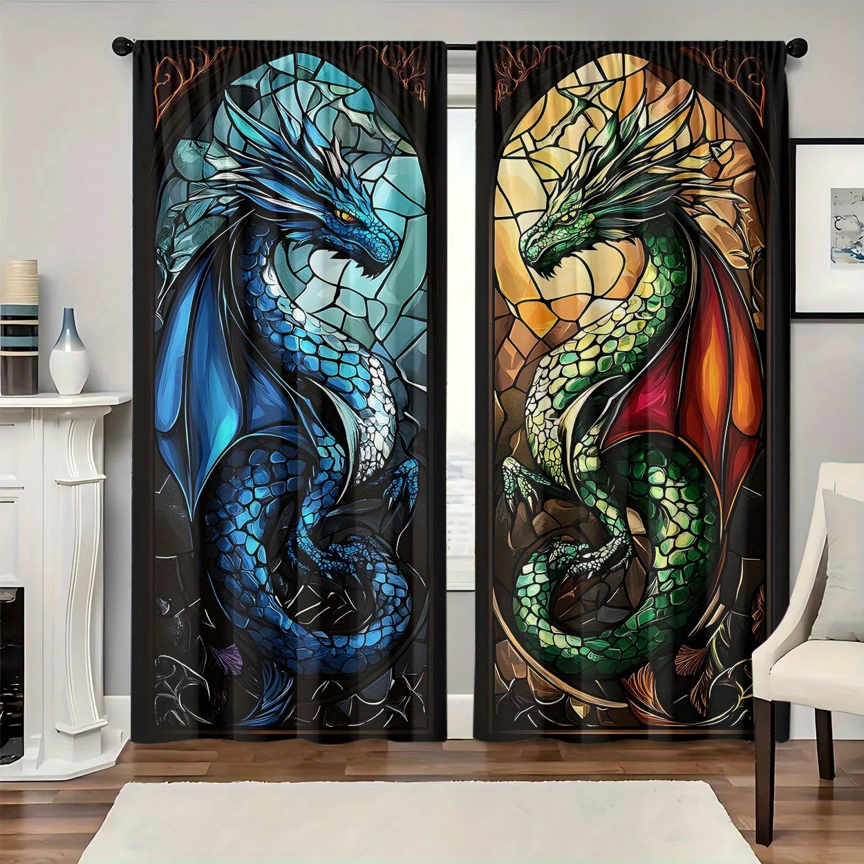 Majestic Dragon Pair Curtains Gothic Fantasy Window Art Panel Set Dramatic Creature Curtains for Bedroom Home Decor