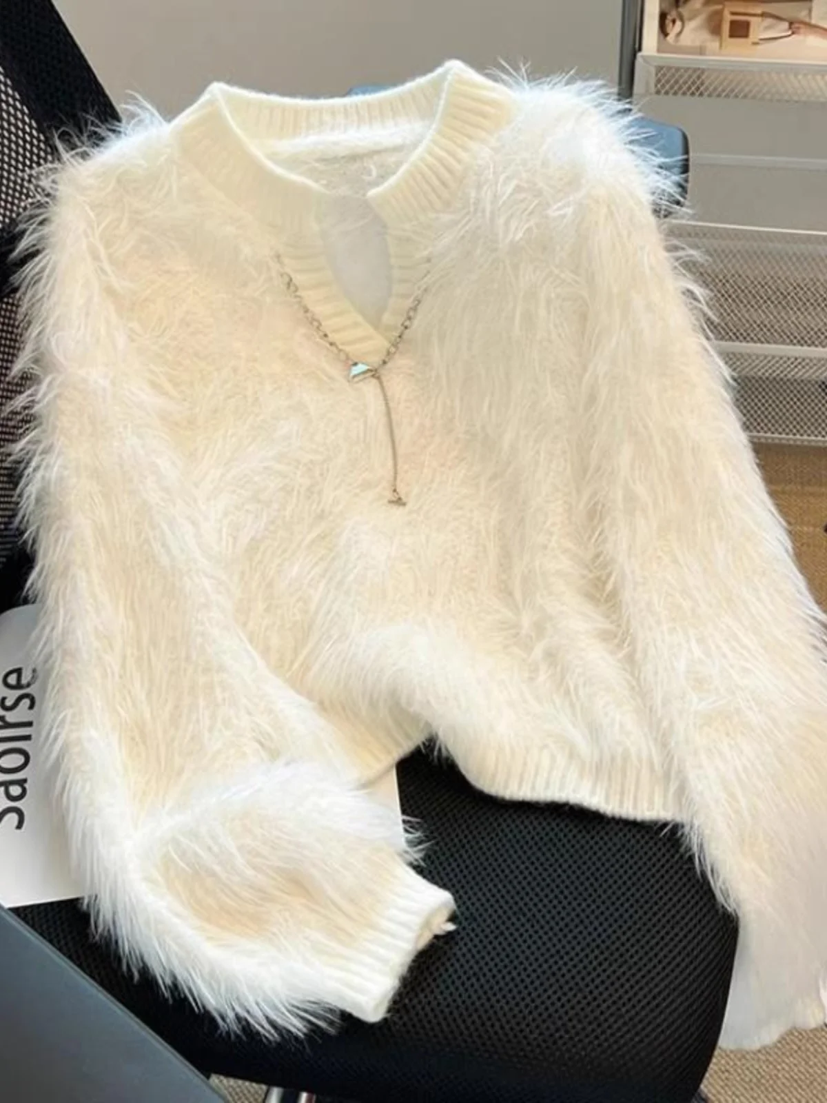 

Retro Thiened Knitted Sweater Women's Winter ort V-Ne Fur Simulation Soft Top Warm Commute Sle Regular Sve Long