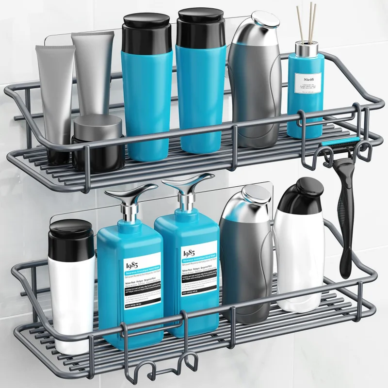 

2 Pack Stainless Steel Shower Caddy Adhesive Shelf No Drill Rustproof with Hooks Bathroom Storage Organizer 304 SUS Wall Mounted