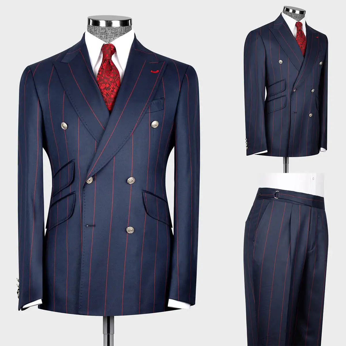 

Vintage Stripe Men Suits Set Gentle Doubel Breasted Tuxedos Slim Fit Wedding Party Jacket 2 Piece Formal Dress