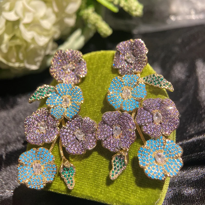 S925 Silver Needle French Elegant Colorful Zircon Flower Earring Exaggerated High-quality Drop Earrings for Women Party