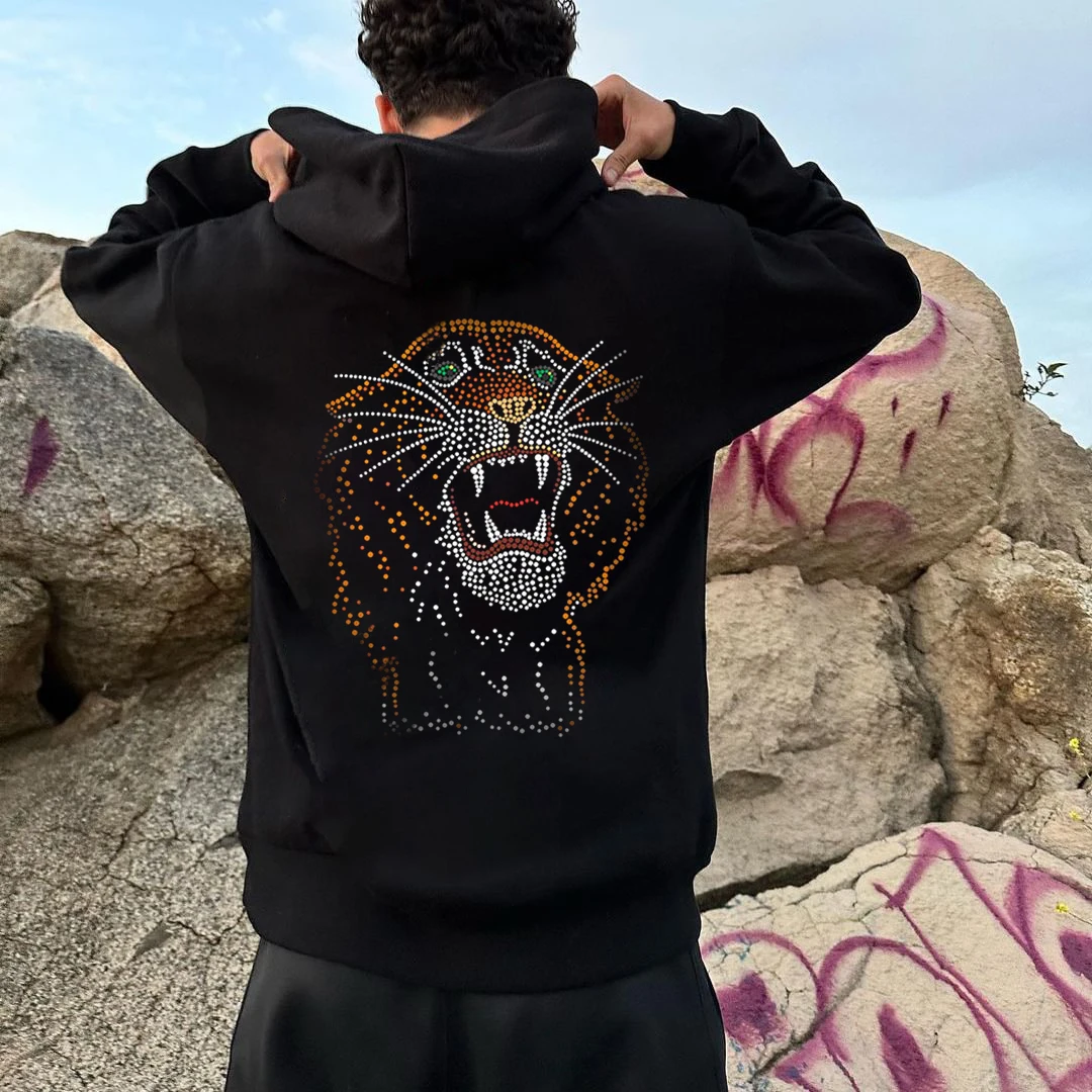 New Fashion Mens Loose Sweatshirt Hoodies Black Lion Rhinestone Hoody Male Casual Warm chic Jacket Coats Women Unisex Pullover