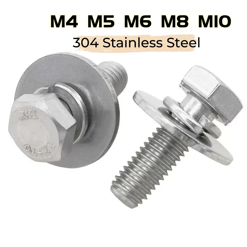 304 Stainless Steel M4 M5 M6 M8 M10 External Hex Hexagon Head Screw Large Flat Washer Spring Gasket Assemble Bolt GB9074.17