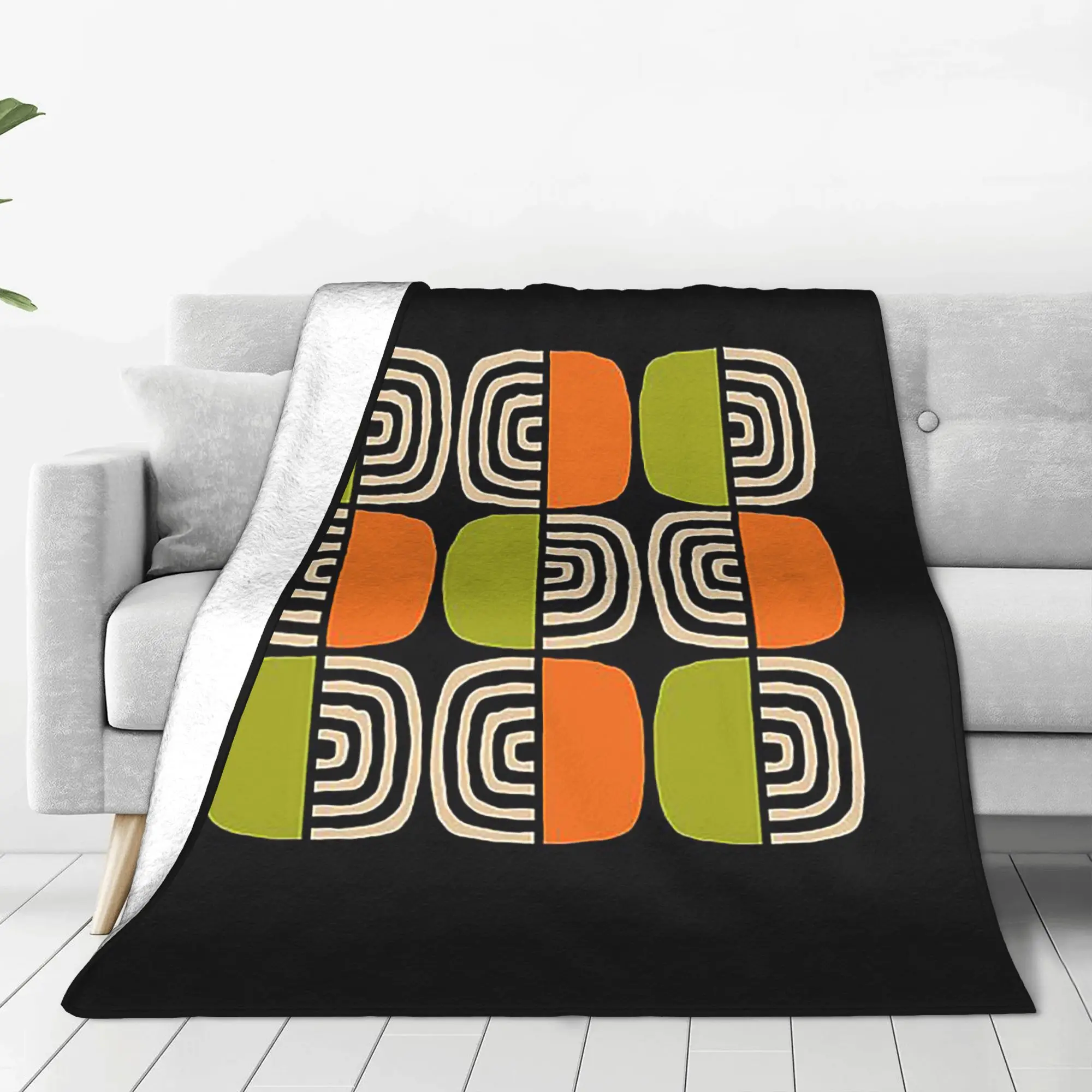 Half Concentric Circle Pattern Black Orange Green and Beig Blankets Breathable Fleece Sofa Throw Blanket for Home Bedroom Travel