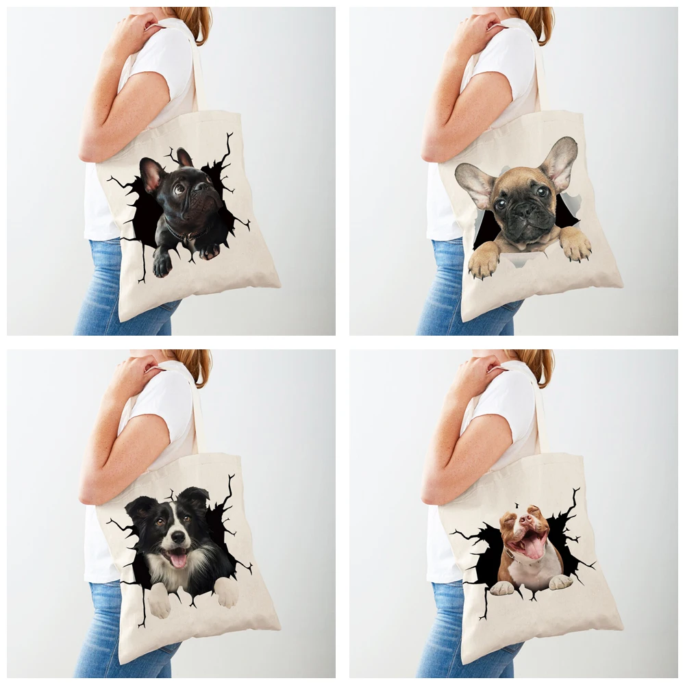 3D รูปแบบสุนัขการ์ตูนผู้หญิงกระเป๋านักช้อป Lady Canvas Tote กระเป๋าถือแบบใช้ซ้ําได้คู่ด้านข้างสัตว์เลี้ยงสัตว์พิมพ์ Casual Shopping Bag