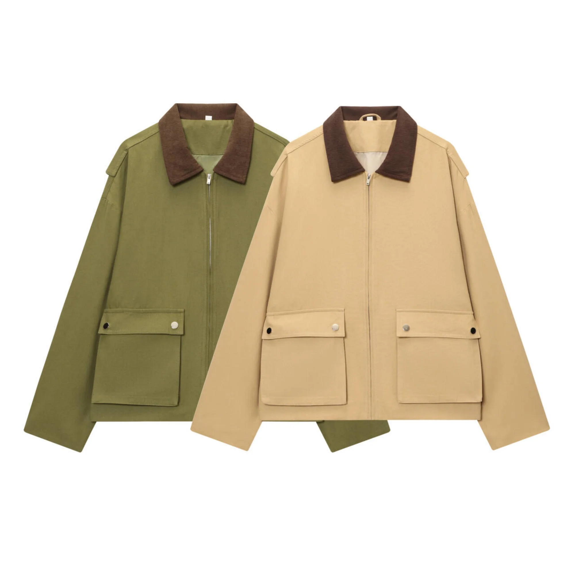 

Women's Vintage Workwear Style Commut Contrasting Color Jacket Female Long Sleeved Zipper With Pockets Casual Jacket Streetwear