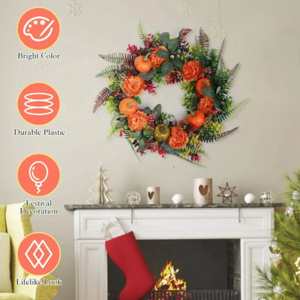 

17.71" Autumn Wreath with Pumpkin Mixed Leaves Berries Flowers Fall Decoration for Indoor Outdoor Window Wall Front Door Wreath