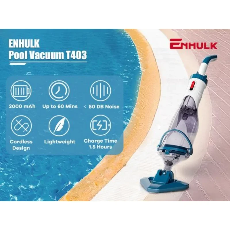 Pool Vacuum for Above Ground Pool with a Telescopic Pole, Running time up to 1H, T403 rechargeable hand pool cleaner, 18.5 gals